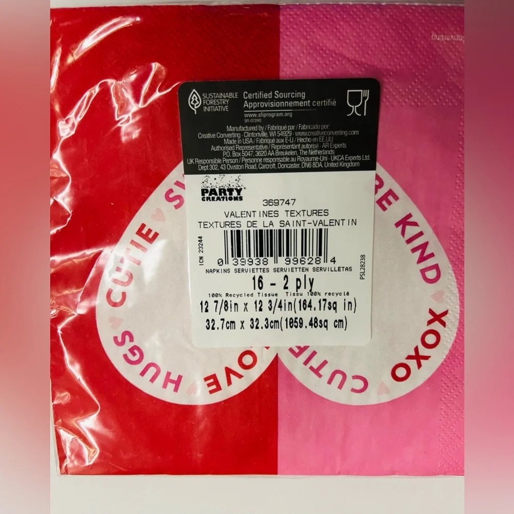 New 12 Valentine Textures Napkins Red Pink Heart 6 1/2